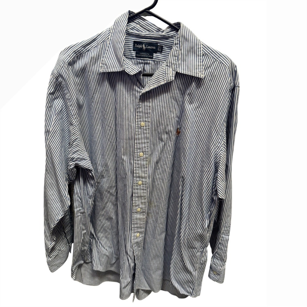 Ralph Lauren Yarmouth Pinpoint Oxford Button Down Shirt Blue Stripe Men 17 35